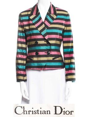 Christian Dior Women's Vintage Striped Blazer Jacket 100% Silk Pink Gold Black